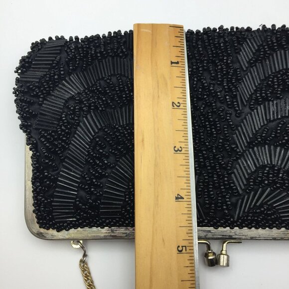 Vintage Handmade Hong Kong Black Silk Beaded Purse Prom Evening Bag Gold Chain - Picture 8 of 10
